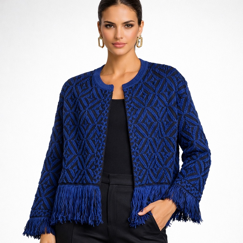 Angela Davis Italian Designer Wool Alpaca Fringe Knit Jacket Blue Black M/L